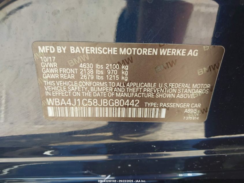 2018 BMW 430I Gran Coupe VIN: WBA4J1C58JBG80442 Lot: 43280169