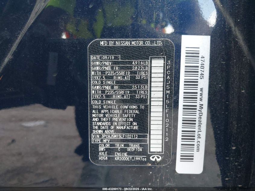 2020 Infiniti Qx50 Luxe VIN: 3PCAJ5M15LF102112 Lot: 43280173