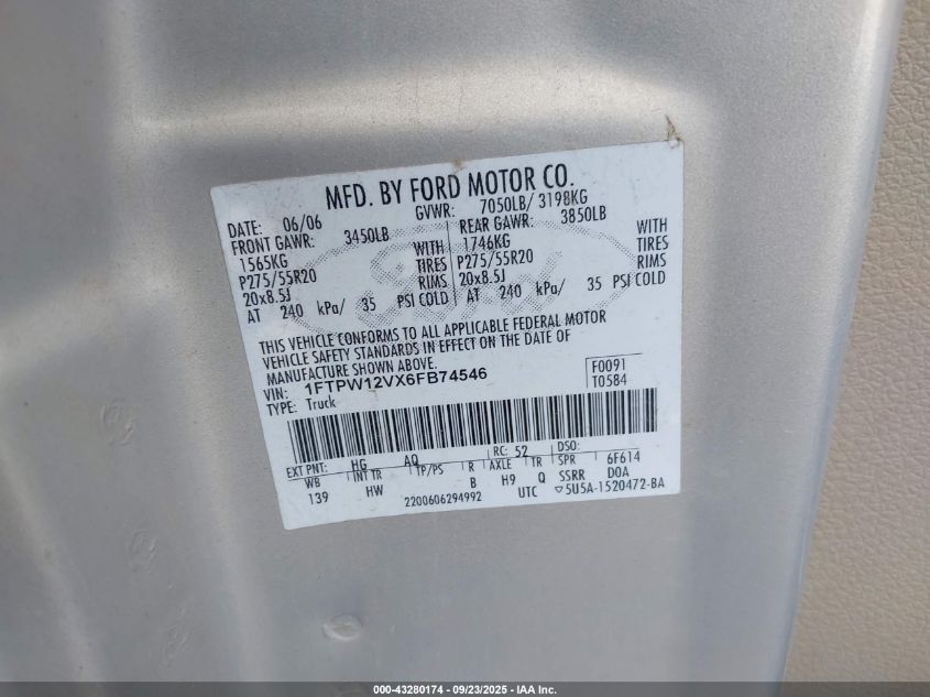 2006 Ford F-150 Lariat/Xlt VIN: 1FTPW12VX6FB74546 Lot: 43280174