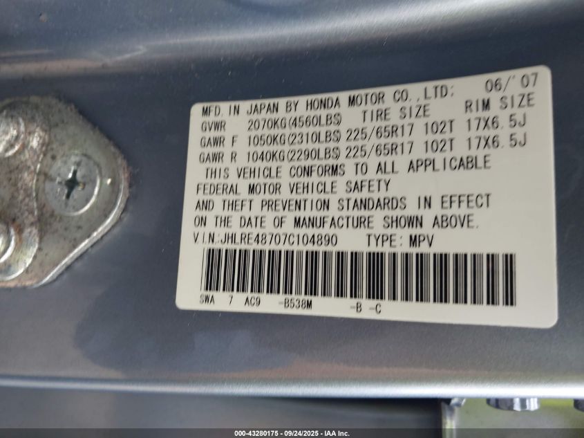 2007 Honda Cr-V Ex-L VIN: JHLRE48707C104890 Lot: 43280175