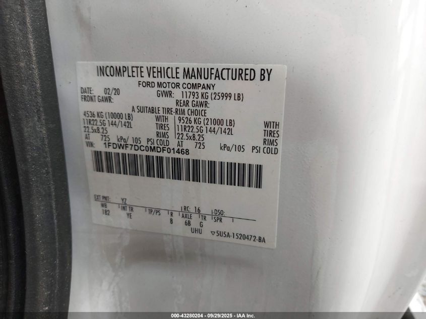 2021 Ford F-750 Diesel VIN: 1FDWF7DC0MDF01468 Lot: 43280204
