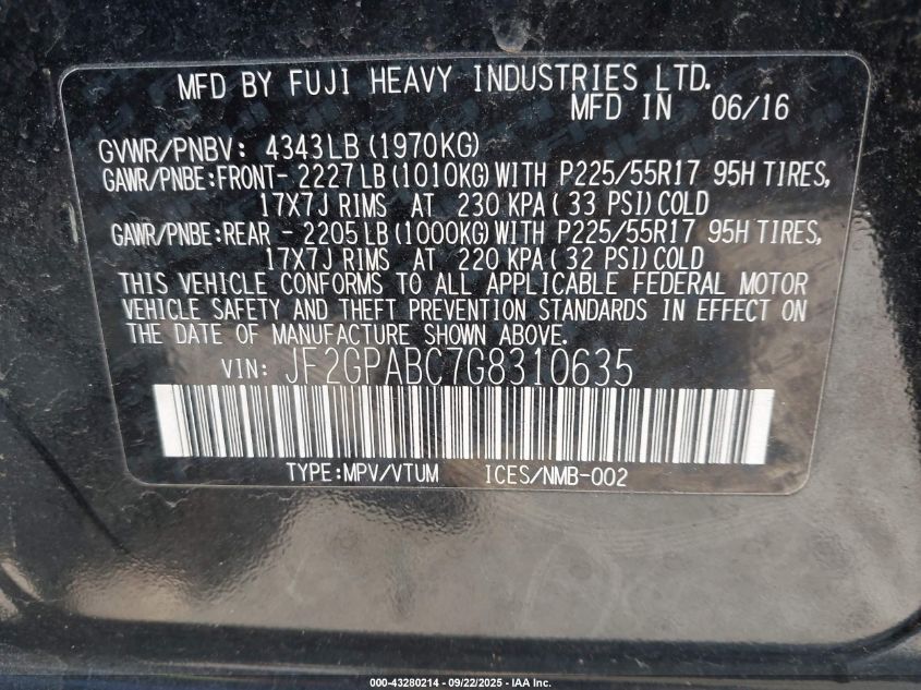 2016 Subaru Crosstrek 2.0I Premium VIN: JF2GPABC7G8310635 Lot: 43280214