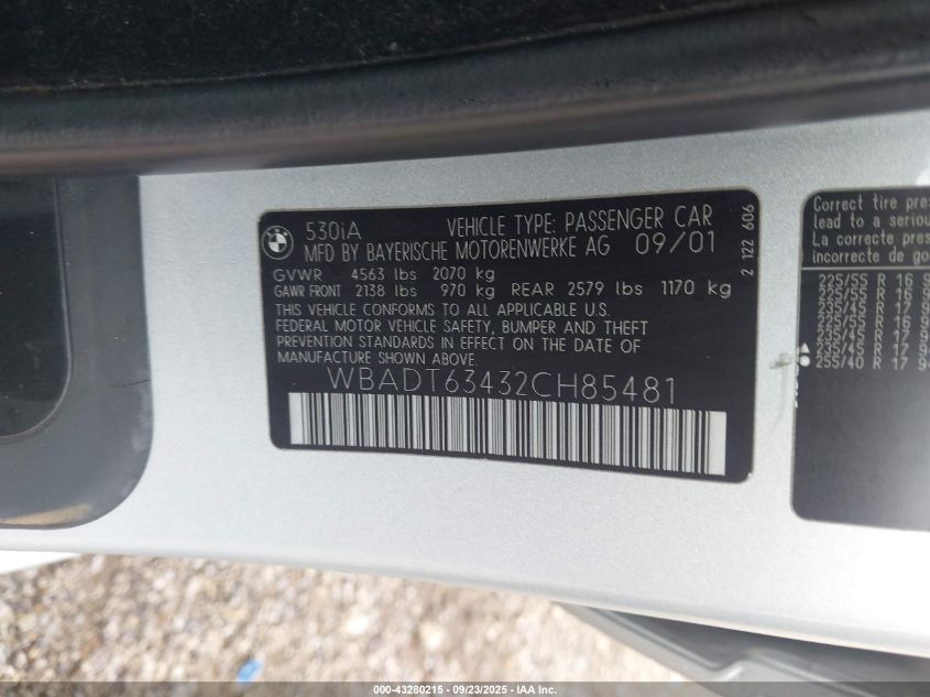 2002 BMW 530Ia VIN: WBADT63432CH85481 Lot: 43280215