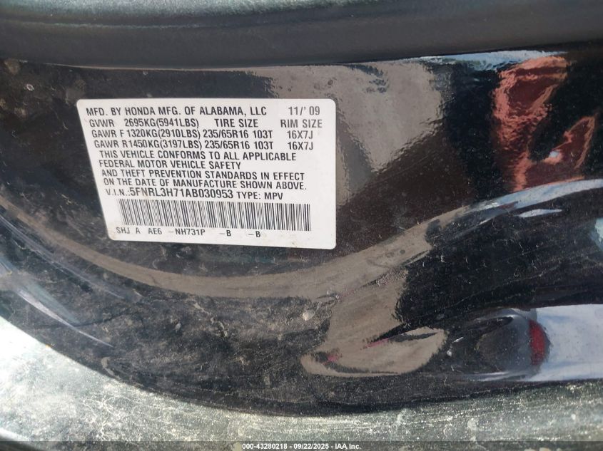 2010 Honda Odyssey Ex-L VIN: 5FNRL3H71AB030953 Lot: 43280218