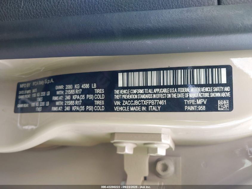 2015 Jeep Renegade Trailhawk VIN: ZACCJBCTXFPB77461 Lot: 43280222