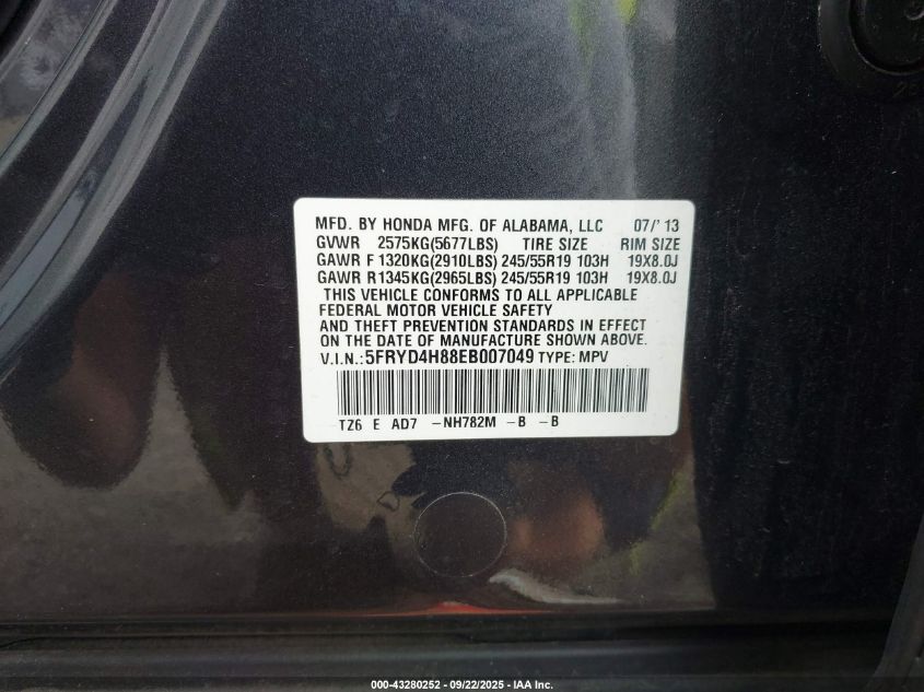 2014 Acura Mdx Advance Pkg W/Entertainment Pkg VIN: 5FRYD4H88EB007049 Lot: 43280252