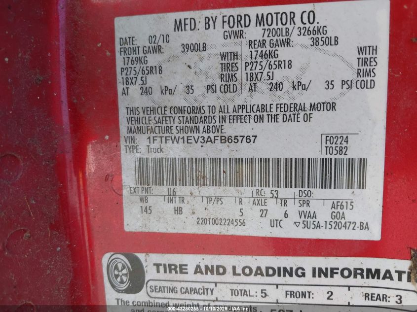 2010 Ford F-150 Fx4/Harley-Davidson/King Ranch/Lariat/Platinum/Xl/Xlt VIN: 1FTFW1EV3AFB65767 Lot: 43280255