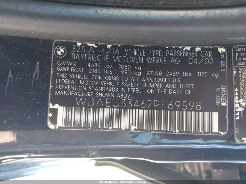 2002 BMW 325Xi VIN: WBAEU33462PF69598 Lot: 43280257