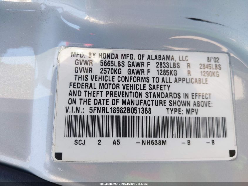 2002 Honda Odyssey Ex-L VIN: 5FNRL18982B051368 Lot: 43280258