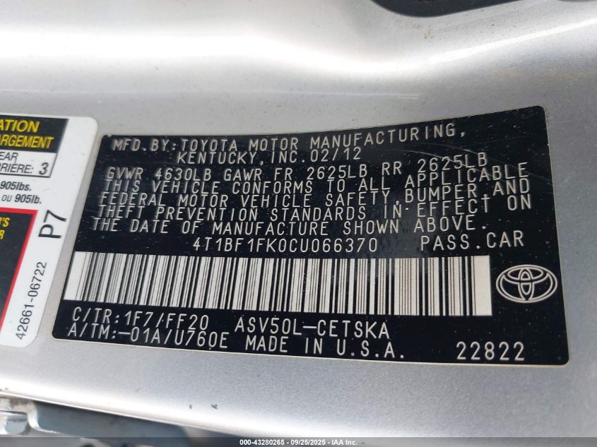 2012 Toyota Camry Se VIN: 4T1BF1FK0CU066370 Lot: 43280265