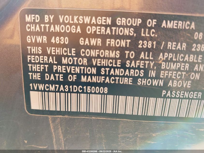 2013 Volkswagen Passat 3.6L V6 Sel Premium VIN: 1VWCM7A31DC150008 Lot: 43280266