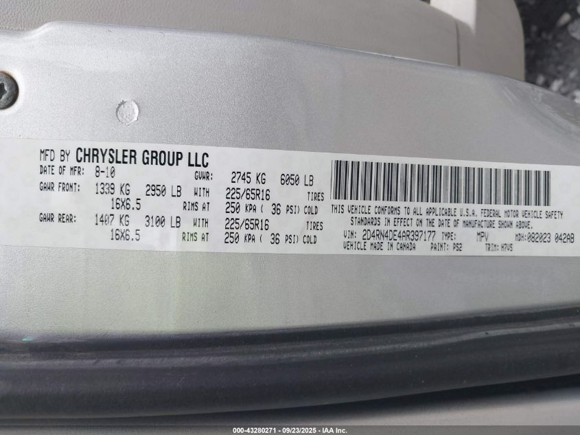 2010 Dodge Grand Caravan Se VIN: 2D4RN4DE4AR397177 Lot: 43280271