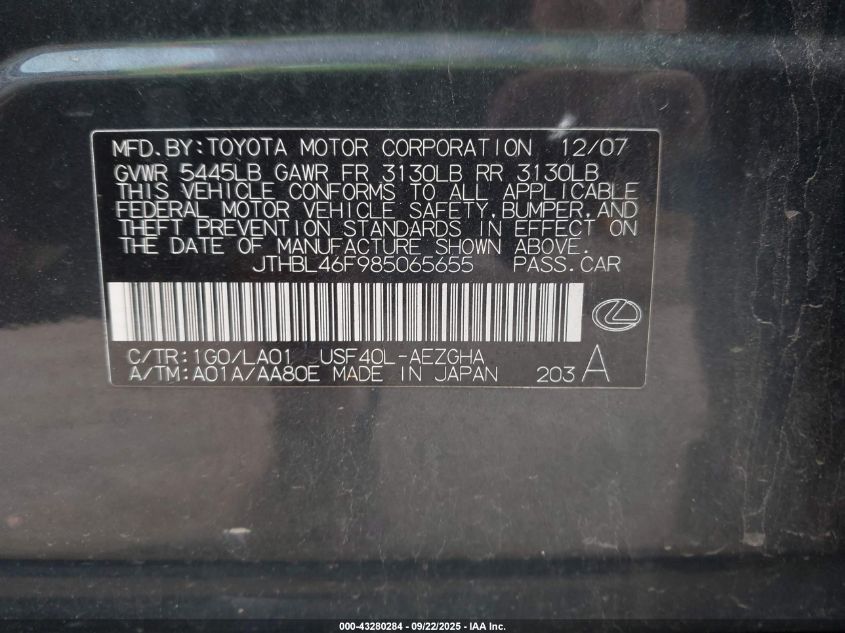 2008 Lexus Ls 460 VIN: JTHBL46F985065655 Lot: 43280284