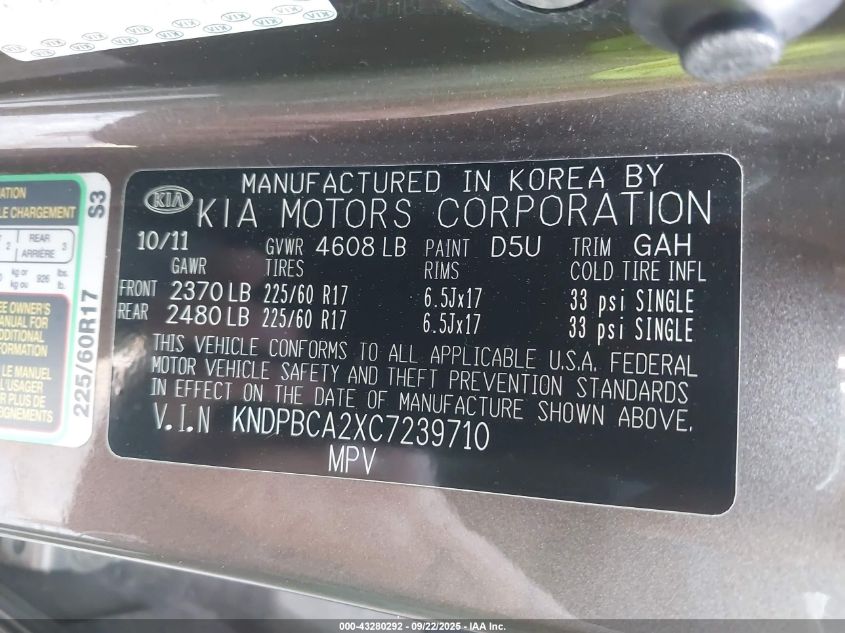 2012 Kia Sportage Lx VIN: KNDPBCA2XC7239710 Lot: 43280292