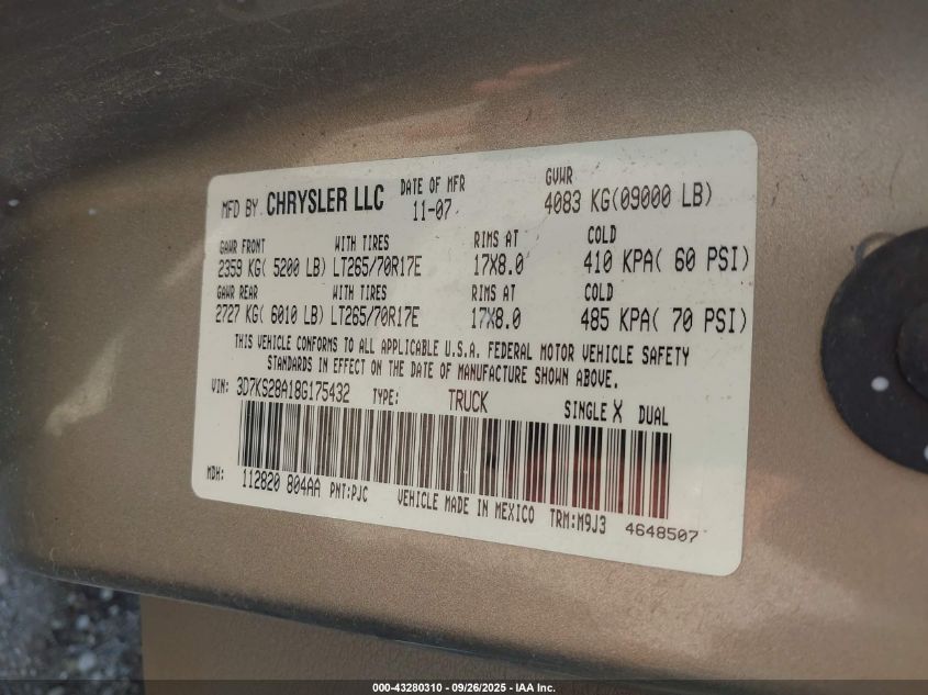 2008 Dodge Ram 2500 Slt VIN: 3D7KS28A18G175432 Lot: 43280310