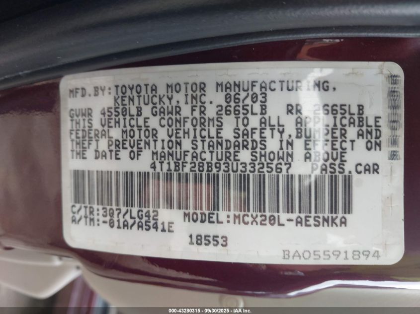 2003 Toyota Avalon Xl VIN: 4T1BF28B93U332567 Lot: 43280315