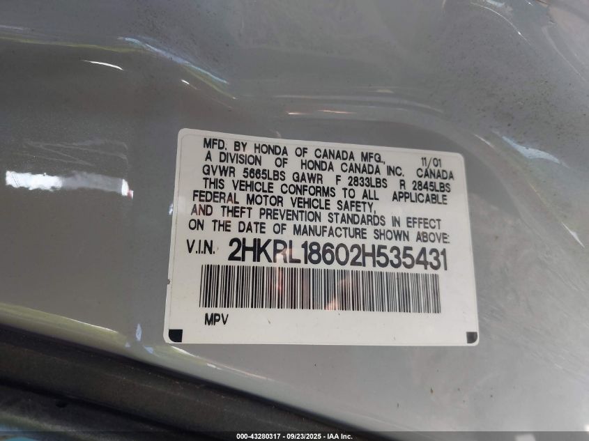 2002 Honda Odyssey Ex VIN: 2HKRL18602H535431 Lot: 43280317