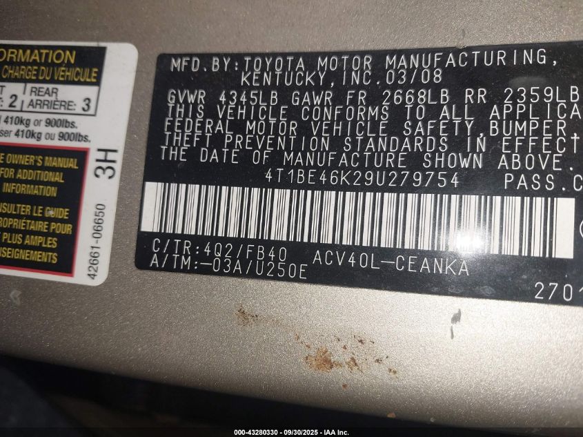 2009 Toyota Camry Le VIN: 4T1BE46K29U279754 Lot: 43280330