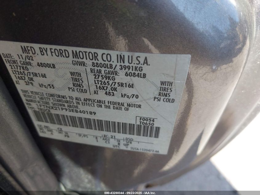 2003 Ford F-250 Lariat/Xl/Xlt VIN: 1FTNX21P93EB40189 Lot: 43280344