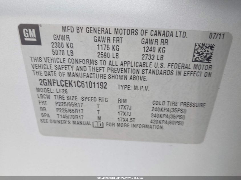 2012 Chevrolet Equinox Ls VIN: 2GNFLCEK1C6101192 Lot: 43280348