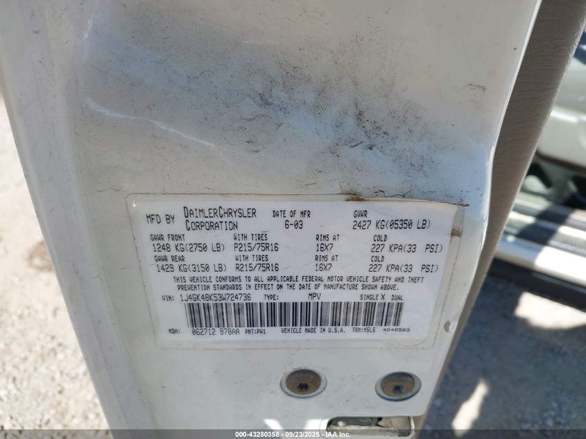 2003 Jeep Liberty VIN: 1J4GK4BK53W724736 Lot: 43280358