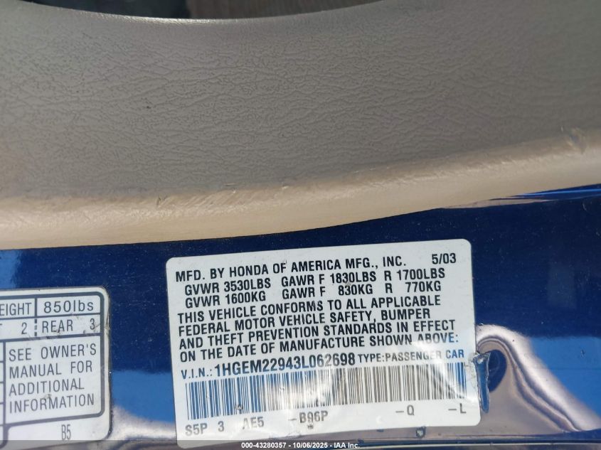 2003 Honda Civic Ex VIN: 1HGEM22943L062698 Lot: 43280357