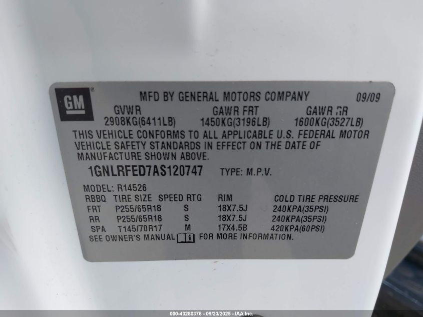 2010 Chevrolet Traverse Lt VIN: 1GNLRFED7AS120747 Lot: 43280376