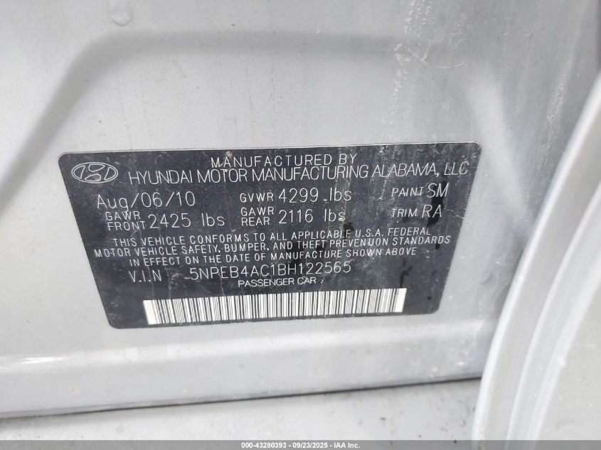 2011 Hyundai Sonata Gls VIN: 5NPEB4AC1BH122565 Lot: 43280393