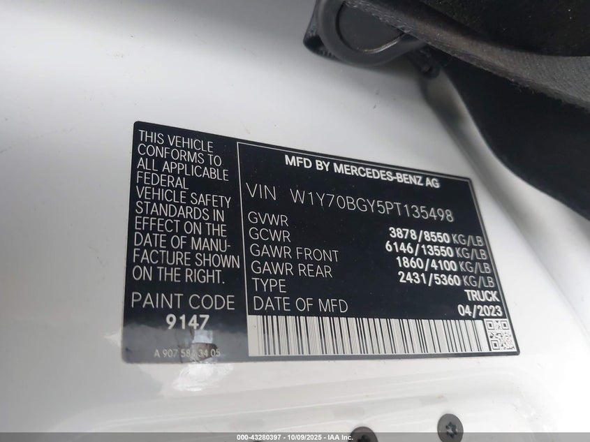 2023 Mercedes-Benz Sprinter 1500 Standard Roof 4-Cyl Gas VIN: W1Y70BGY5PT135498 Lot: 43280397