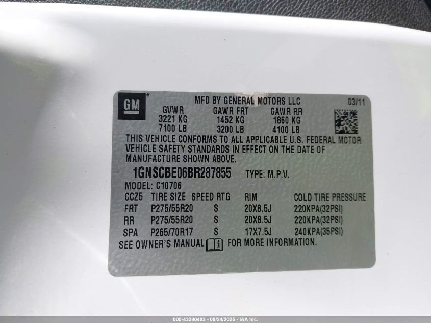 2011 Chevrolet Tahoe Lt VIN: 1GNSCBE06BR287855 Lot: 43280402