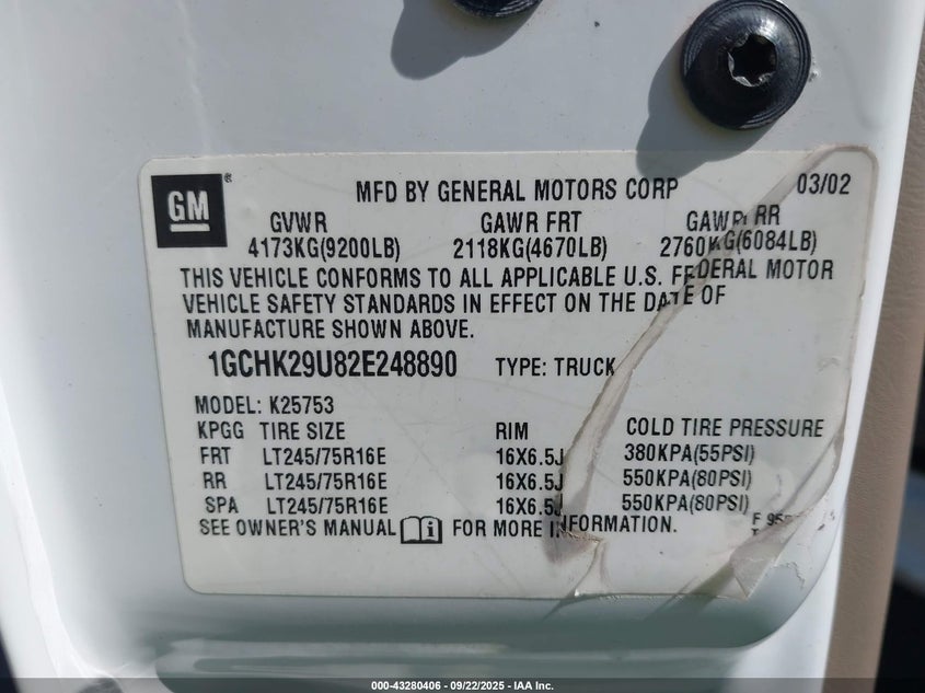 2002 Chevrolet Silverado 2500Hd Ls VIN: 1GCHK29U82E248890 Lot: 43280406