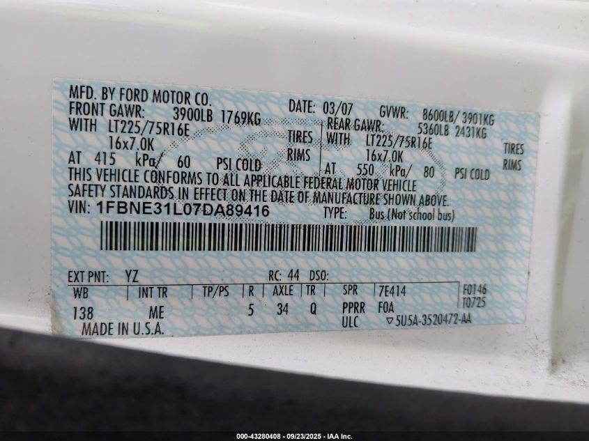 2007 Ford E-350 Super Duty Xl/Xlt VIN: 1FBNE31L07DA89416 Lot: 43280408