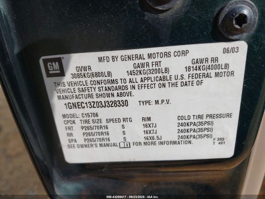 2003 Chevrolet Tahoe Ls VIN: 1GNEC13Z03J328330 Lot: 43280417