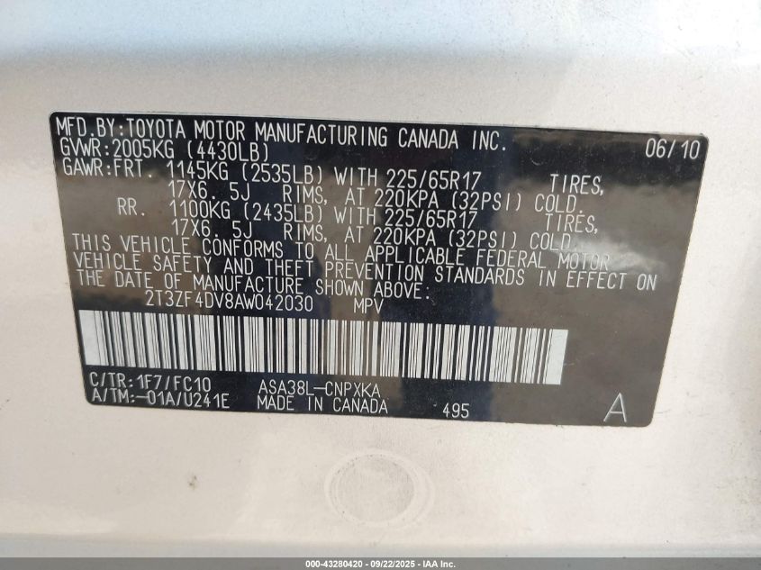 2010 Toyota Rav4 VIN: 2T3ZF4DV8AW042030 Lot: 43280420