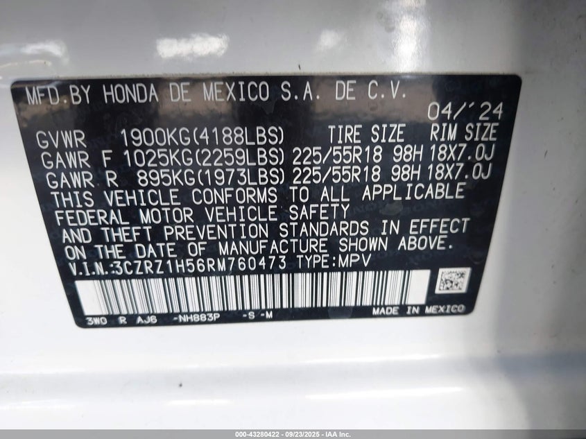 2024 HONDA HR-V 2WD SPORT/2WD SPORT W/O BSI - 3CZRZ1H56RM760473