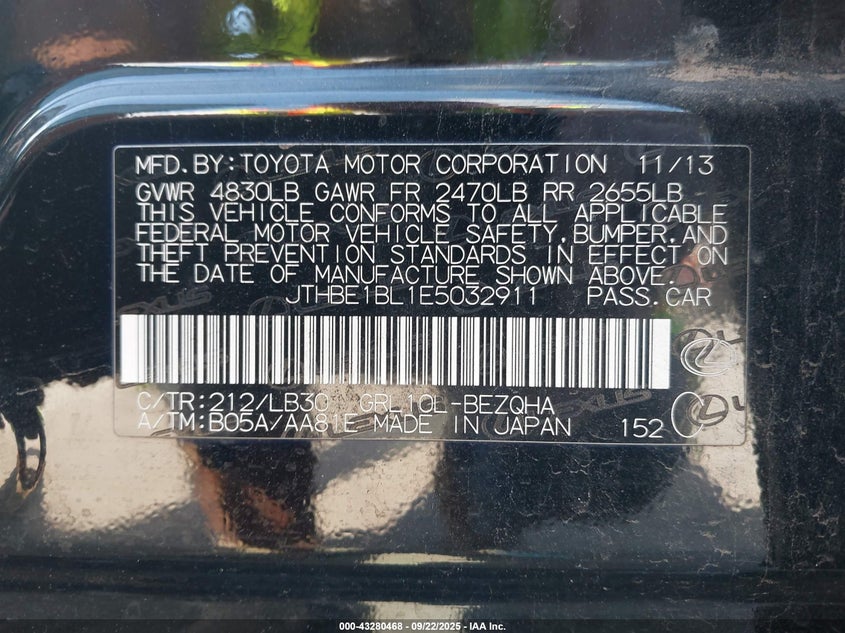 2014 Lexus Gs 350 VIN: JTHBE1BL1E5032911 Lot: 43280468