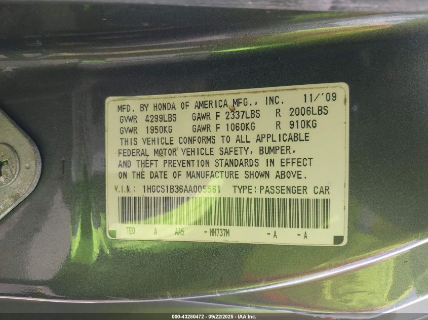 2010 Honda Accord 2.4 Lx-S VIN: 1HGCS1B36AA005561 Lot: 43280472