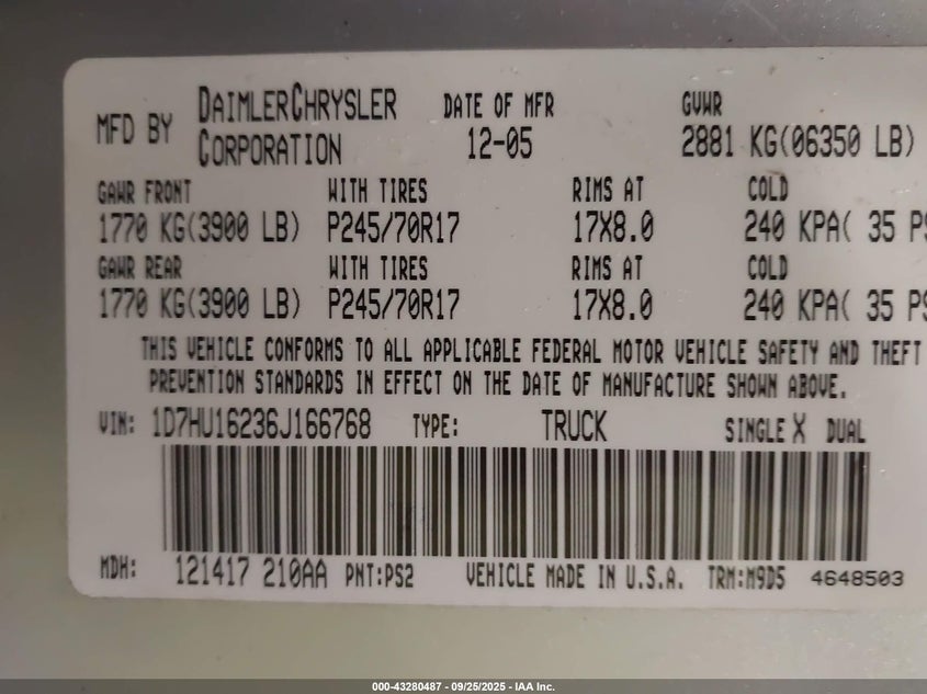 2006 Dodge Ram 1500 Slt/Trx4 Off Road/Sport VIN: 1D7HU16236J166768 Lot: 43280487