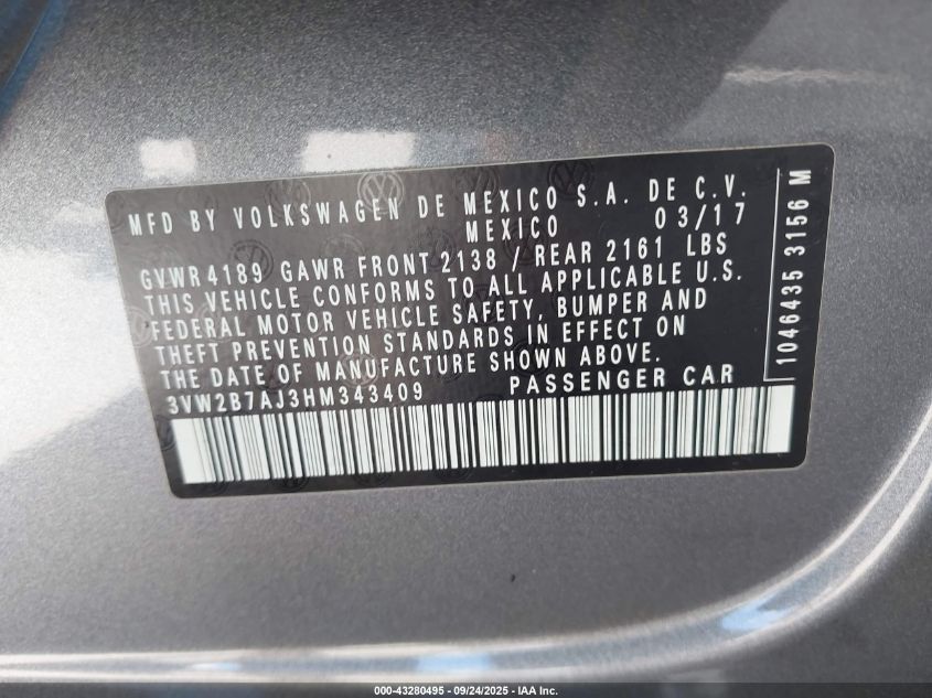 2017 Volkswagen Jetta 1.4T S VIN: 3VW2B7AJ3HM343409 Lot: 43280495