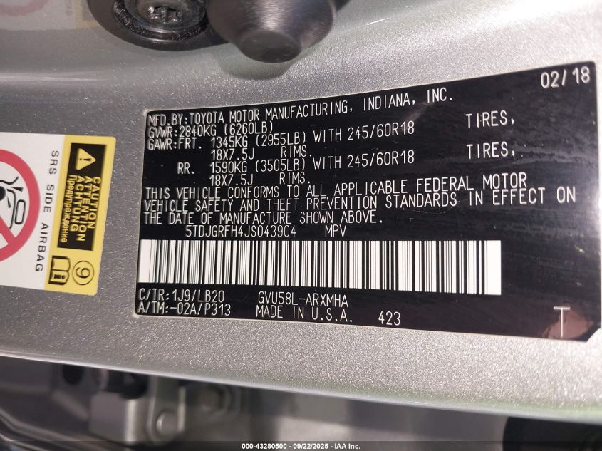 2018 Toyota Highlander Hybrid Xle VIN: 5TDJGRFH4JS043904 Lot: 43280500