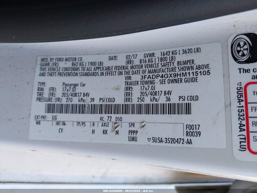 2017 Ford Fiesta 1.6 St White Lot 111043280508 Vin 3FADP4GX9HM115105