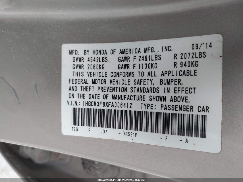 2015 HONDA ACCORD EX-L V-6 - 1HGCR3F8XFA006412