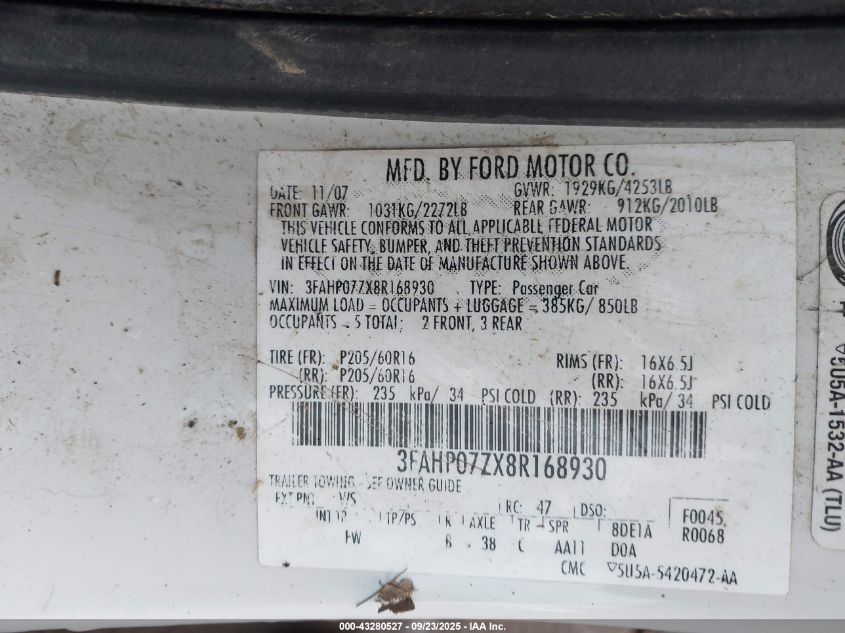 2008 Ford Fusion Se VIN: 3FAHP07ZX8R168930 Lot: 43280527