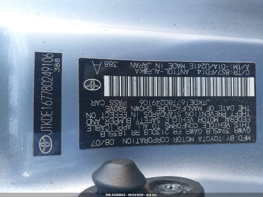 2008 Scion Tc VIN: JTKDE167780249106 Lot: 43280542