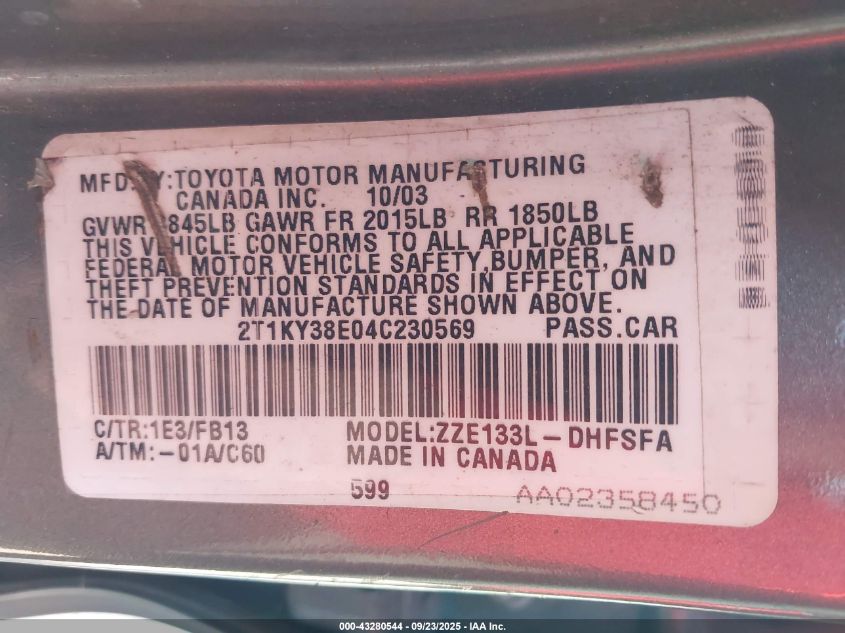 2004 Toyota Matrix Xrs VIN: 2T1KY38E04C230569 Lot: 43280544