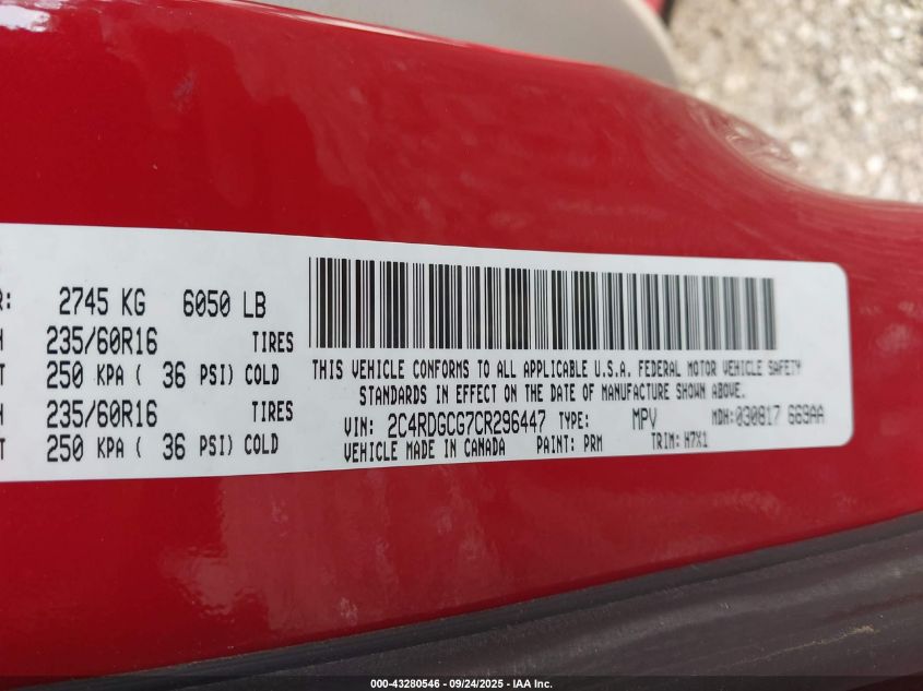 2012 Dodge Grand Caravan Sxt VIN: 2C4RDGCG7CR296447 Lot: 43280546