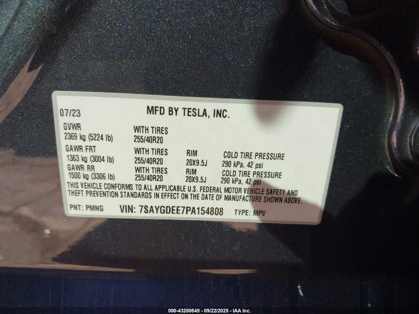 2023 Tesla Model Y Awd/Long Range Dual Motor All-Wheel Drive VIN: 7SAYGDEE7PA154808 Lot: 43280549