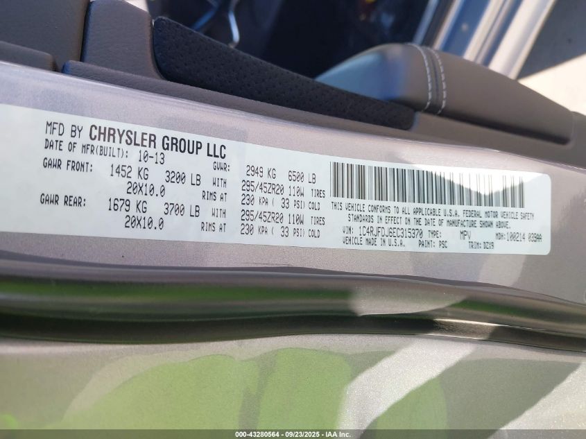 2014 Jeep Grand Cherokee Srt8 VIN: 1C4RJFDJ6EC315370 Lot: 43280564