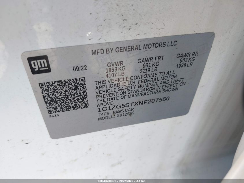 2022 Chevrolet Malibu Fwd Rs VIN: 1G1ZG5STXNF207550 Lot: 43280570