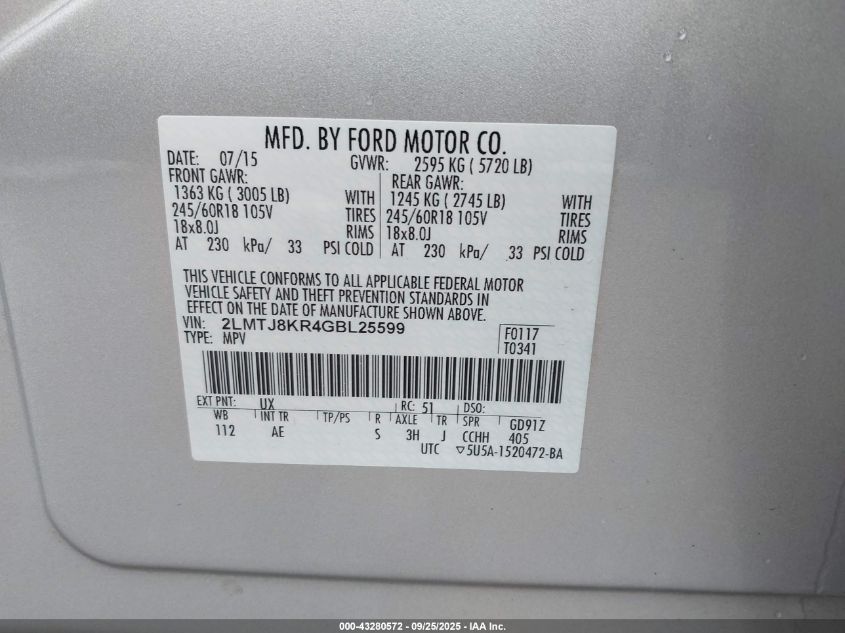 2016 Lincoln Mkx Select VIN: 2LMTJ8KR4GBL25599 Lot: 43280572